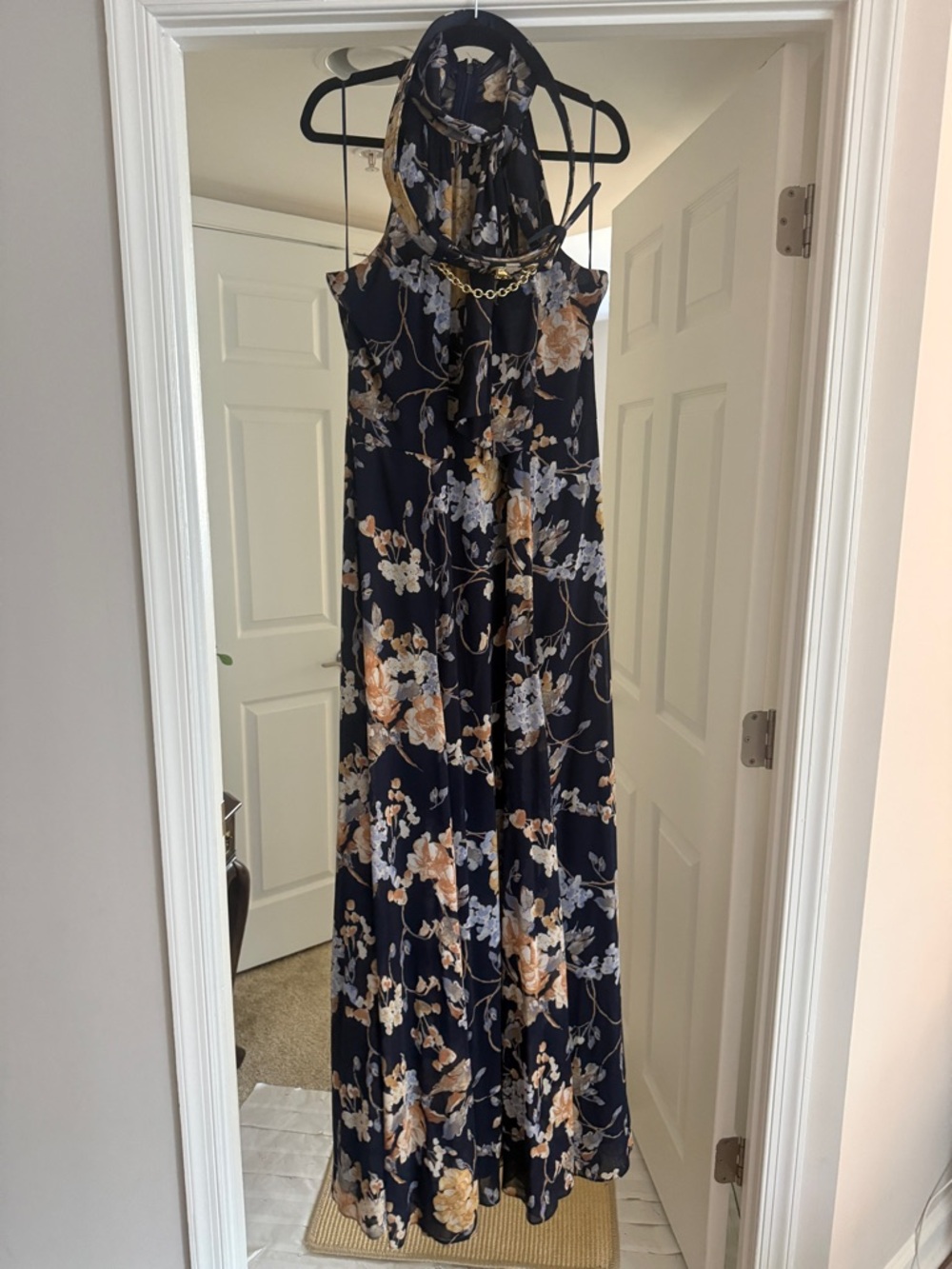 Lauren Ralph Lauren Navy Floral Halter Gown with Belt - Picture 5 of 5